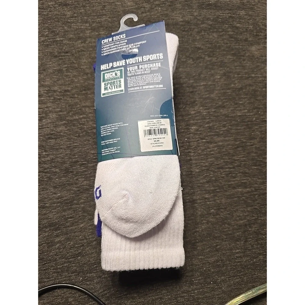 DSG Crew Sock 3 Pack Purple & White Mens 8-13 Womens 10 Plus‎